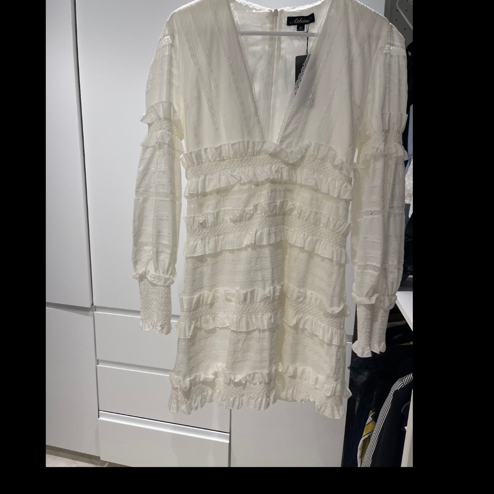 White deep plunge neck mini dress